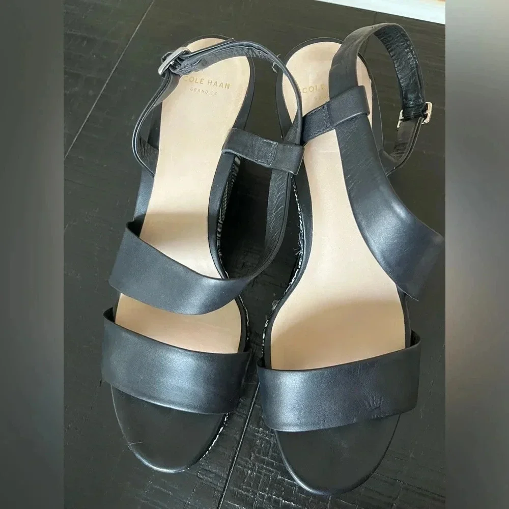 Cole Haan Ravenna Wedge Sandals Strap Leather Black Size 10